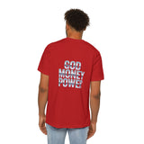 God Money Power T-Shirt — Retro Neon Graphic Tee (Front Illustration, Back Text)