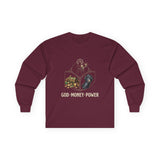 God Money Power Long Sleeve Tee — Inspirational Faith & Prosperity Graphic Shirt