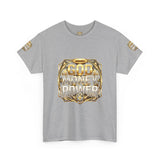 Graphic Tee — "God Money Power" Gold Crest T-Shirt