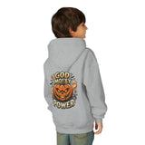 Halloween Pumpkin Hoodie — “God Money Power” Graphic Youth Sweatshirt