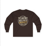 Long Sleeve Tee — “Put God First, Hustle for the Money” Inspirational Faith Shirt