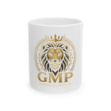 Lion Crest Ceramic Mug — "GMP (God • Money • Power)" Inspirational Coffee Cup