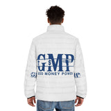God Money Power Puffer Jacket — Men's White Logo Puffer