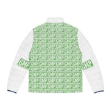 GMP Logo Puffer Jacket — All-Over Print Green Block Pattern