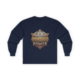 God Money Power Long Sleeve Tee — Vintage Crest Graphic