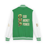 God Money Power Letterman Jacket — Red Varsity Bomber with GMP Gold Logo
