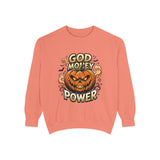 God Money Power- Pumpkin Sweatshirt — Halloween Jack-O'-Lantern Graphic Crewneck
