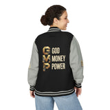God Money Power Letterman Jacket — Red Varsity Bomber with GMP Gold Logo