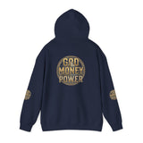 God Money Power Hoodie – Gold Globe Graphic Religious Streetwear