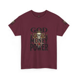 Graphic Tee — "God Money Power" Skull Design