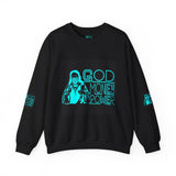 Crewneck Sweatshirt — GOD MONEY POWER Graphic Crewneck (Neon Cyan on White)