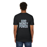 God Money Power Graphic T-Shirt — Blue Anime-Inspired Streetwear