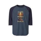 Raglan Shirt — "God Money Power" Crown Graphic Baseball Tee