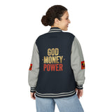 Letterman Jacket — "God Money Power" Red & White Varsity Jacket