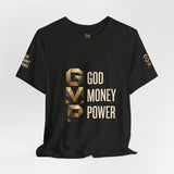 GVP 'God Money Power' Graphic Tee – Gold Lettering Christian Streetwear