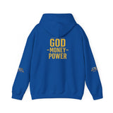 God • Money • Power Hoodie — White Pullover with Gold GMP Logo