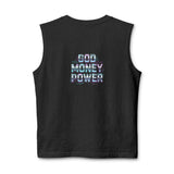 God Money Power Graphic Muscle Tank — Blue Illustration Front, "GOD MONEY POWER" Back
