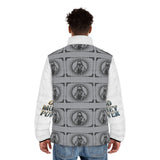 Puffer Jacket — 'God Money Power' Retro Icon All-Over Print