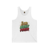 God Money Power Graphic Tank Top — Faith & Hustle Comic-Style Design