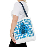 God Money Power Graphic Tote Bag — Blue Urban Goddess All-Over Print Tote