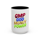 GMP God Money Power Accent Coffee Mug — Colorful Motivational Tea Cup (11/15 oz)
