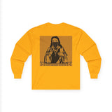 Long Sleeve Tee — 'God Money Power' Masked Saint Graphic