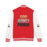 Letterman Jacket - "GOD MONEY POWER" Graphic Varsity Jacket with Chest Logo