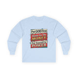Long Sleeve Tee — “Put GOD First, Hustle for the MONEY, Put Yourself in POWER” Inspirational Graphic