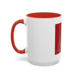 Coffee Mug — Red 'God Money Power' Saint Illustration Accent Mug (11/15 oz)