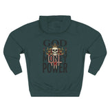 God Money Power-Hoodie — Skull Graphic Three-Panel Fleece Pullover