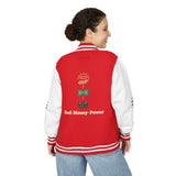 Letterman Jacket — "God • Money • Power" Embroidered Red & White Varsity