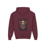 Youth Hoodie "God Money Power" Skull Graphic