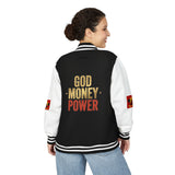Letterman Jacket — "God Money Power" Red & White Varsity Jacket
