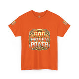 Graphic Tee — "God Money Power" Gold Crest T-Shirt