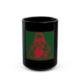 Black Mug — Retro Red & Green Skeptical Priest Illustration Mug