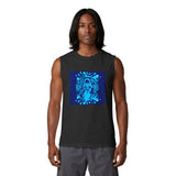 God Money Power Graphic Muscle Tank — Blue Illustration Front, "GOD MONEY POWER" Back