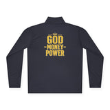 God • Money • Power Quarter-Zip Pullover — Bold Gold Graphic