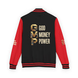 God Money Power Letterman Jacket — Red Varsity Bomber with GMP Gold Logo