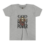 Youth Tee — 'God Money Power' Skull Graphic Shirt