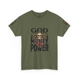 Graphic Tee — "God Money Power" Skull Design