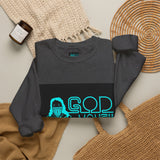 Crewneck Sweatshirt — GOD MONEY POWER Graphic Crewneck (Neon Cyan on White)
