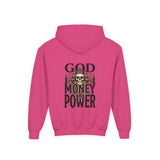Youth Hoodie "God Money Power" Skull Graphic