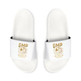 Men's Slide Sandals — White Removable-Strap Slides with 'GMP' Gold Emblem