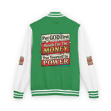 Letterman Jacket — "Put GOD First, Hustle For The MONEY, Put Yourself In POWER" Inspirational Varsity Coat
