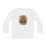 Youth Long Sleeve Tee — 'God Money Power' Halloween Pumpkin Graphic