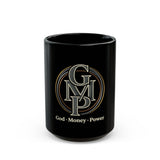 God • Money • Power Black Mug — G•M•P Emblem Ceramic Coffee Cup (11oz/15oz)