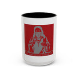 Coffee Mug — Red 'God Money Power' Saint Illustration Accent Mug (11/15 oz)