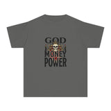 Youth Tee — 'God Money Power' Skull Graphic Tee, Edgy Vintage Streetwear for Kids