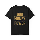 God Money Power T-Shirt — Crown, Coin & Fist Graphic Tee
