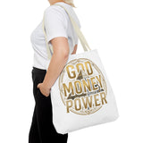 God Money Power Tote Bag — Bold Pyramid Graphic Religious Statement Tote